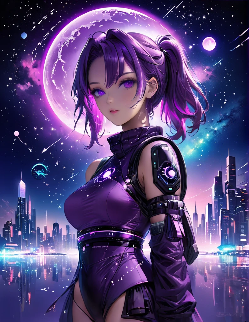 starry sky with the constellations of the zodiac, shades of purple as if they were nebulae, vast space, cyberpunk city at the bottom,  