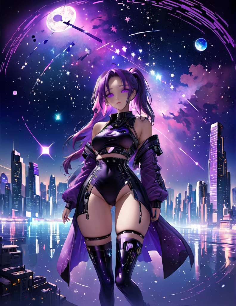starry sky with the constellations of the zodiac, shades of purple as if they were nebulae, vast space, cyberpunk city at the bottom,