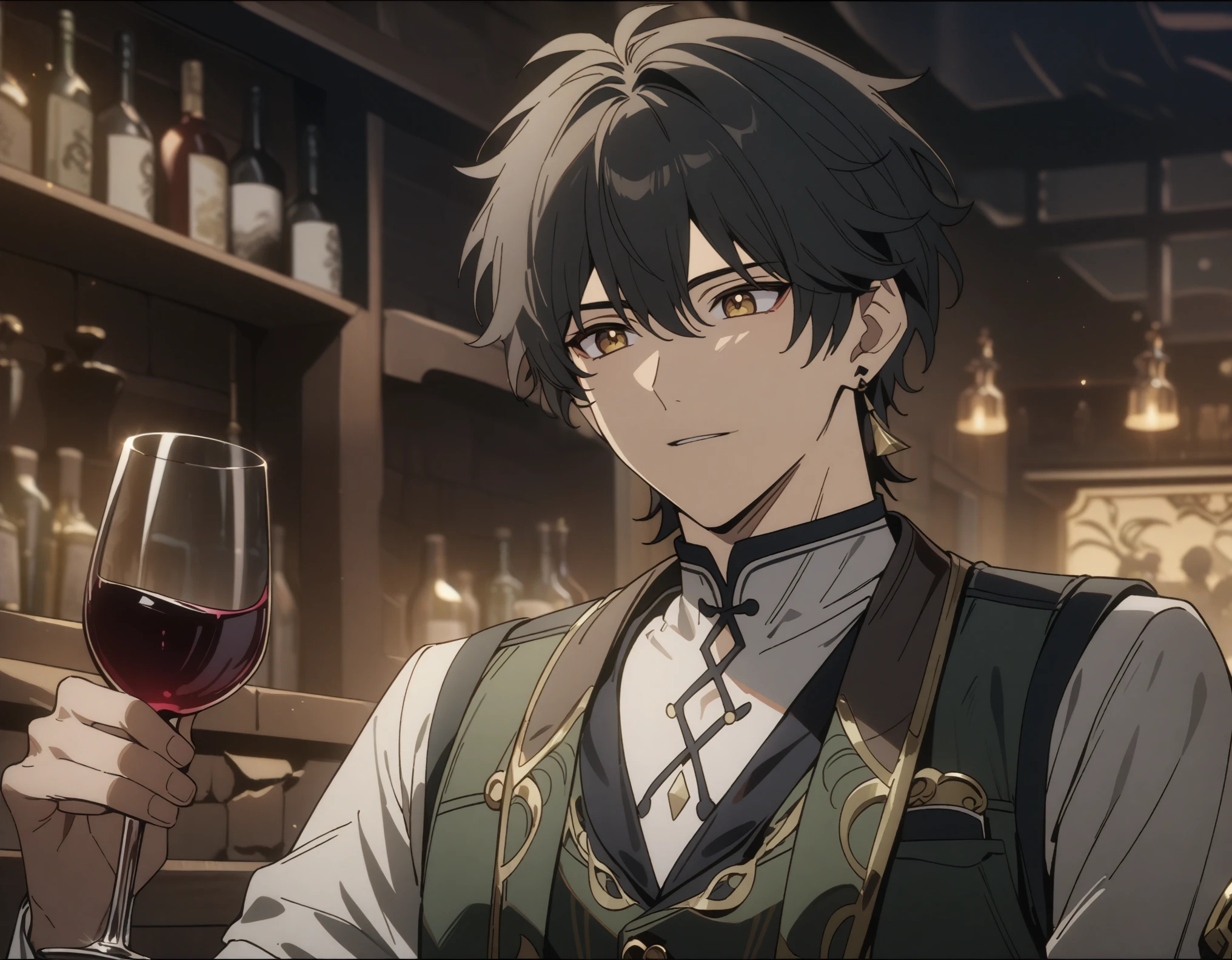 rover from wuthering waves, 1boy, drinking wine, black hair, souma shiki hair, gold eyes, handsome face, green waistcoat, waistcoat, folded sleeves, bar background, upper body, decorative, masterpiece, high quality, hd, 4k, upper body, genshin artstyle, black earings