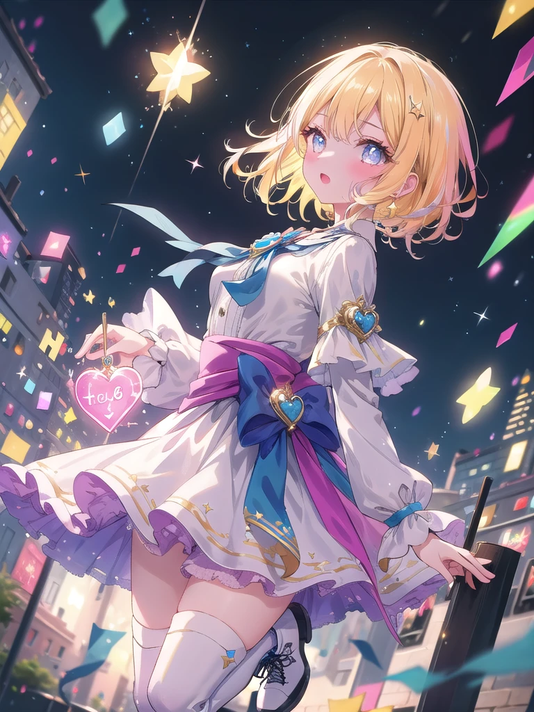 ((8k, Highest quality, masterpiece: 1.3)),Ultra-high resolution,(1 girl, alone), (Color changing eyes, Ultra-detailed, Expressive brilliance, Glitter, Glowing Eyes), Highly detailed eyes, Highly detailed face, Random Hair, ((pastel colour)),A vibrant young woman with long, pastel yellow hair cascading down her back, dressed as a magical girl. She wears a bright, colorful outfit with a short pink skirt, white knee-high boots, and a blue ribbon tied around her waist. The outfit is adorned with star-shaped accessories and a heart-shaped brooch on her chest. The camera captures her from a dynamic, high angle as she jumps in mid-air, her wand raised above her head, casting a powerful spell. The setting is a bright, sunny day in a bustling city park, with people watching her in awe as she performs her magical abilities.