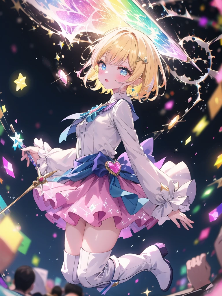 ((8k, Highest quality, masterpiece: 1.3)),Ultra-high resolution,(1 girl, alone), (Color changing eyes, Ultra-detailed, Expressive brilliance, Glitter, Glowing Eyes), Highly detailed eyes, Highly detailed face, Random Hair, ((pastel colour)),A vibrant young woman with long, pastel yellow hair cascading down her back, dressed as a magical girl. She wears a bright, colorful outfit with a short pink skirt, white knee-high boots, and a blue ribbon tied around her waist. The outfit is adorned with star-shaped accessories and a heart-shaped brooch on her chest. The camera captures her from a dynamic, high angle as she jumps in mid-air, her wand raised above her head, casting a powerful spell. The setting is a bright, sunny day in a bustling city park, with people watching her in awe as she performs her magical abilities.