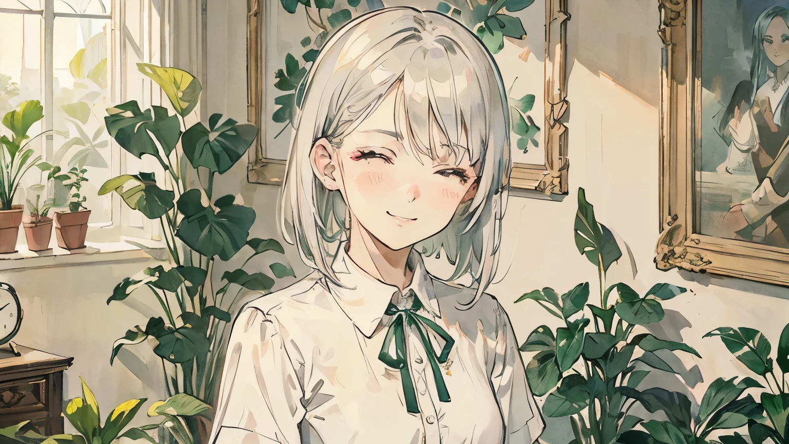 1 woman, platinum silver hair, medium hair, white collared shirt (short sleeves), bracelet, masterpiece, masterpiece, highest quality, detailed, 5 fingers, squinting and smiling, in the room, green You can see the houseplants in the background.