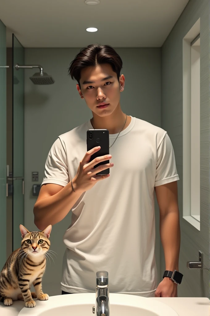 a hyper realistic image of a korean teen male showing off skin doing a mirror selfie with his bengal cat 