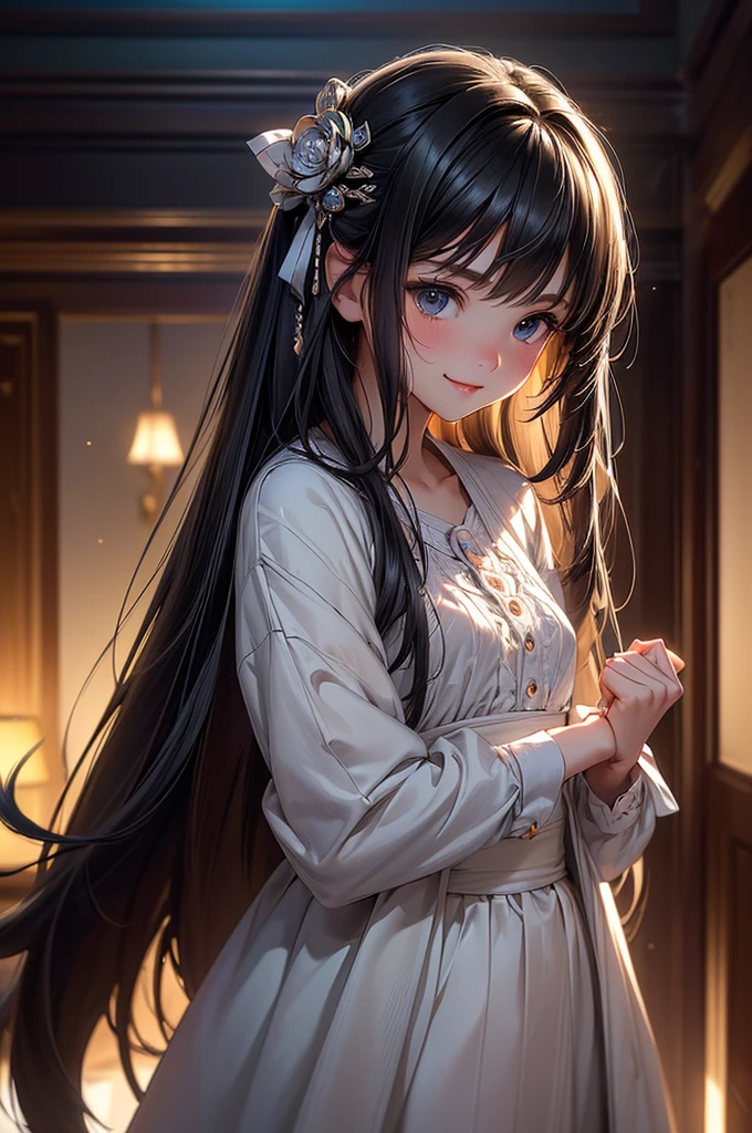 ((masterpiece, best quality, ultra-detailed, high resolution, extremely detailed CG, super detailed, Most beautiful clean lighting)), 1girl, small, 12 years old, cute girl, pretty face, smile, white skin, Beautiful black long hair, black eyes, kawaii, full body, nsfw,