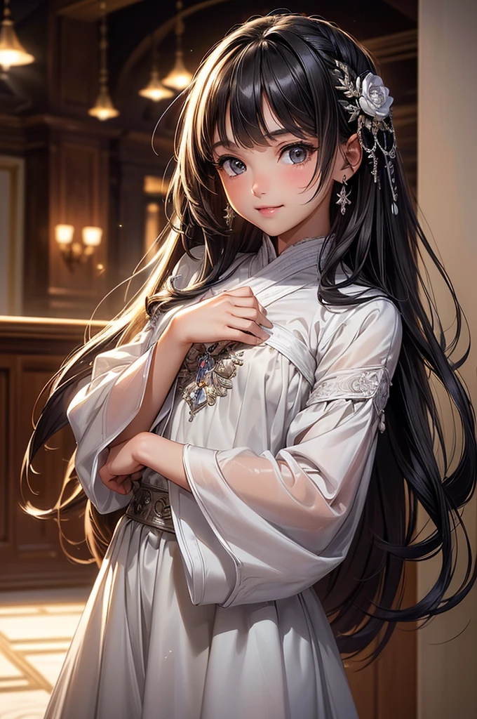((masterpiece, best quality, ultra-detailed, high resolution, extremely detailed CG, super detailed, Most beautiful clean lighting)), 1girl, small, 12 years old, cute girl, pretty face, smile, white skin, Beautiful black long hair, black eyes, kawaii, full body, nsfw,