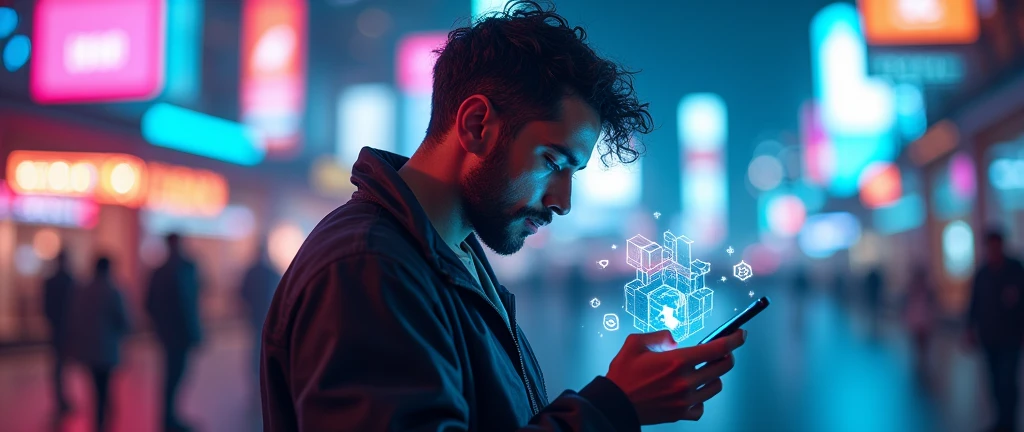 digital nomad, charismatic man engrossed in smartphone, ethereal cyberspace, vibrant social media icons, immersive video game scenes, streaming viral content, blockchain concept, futuristic aesthetic, electric energy, neon accents, selective focus,