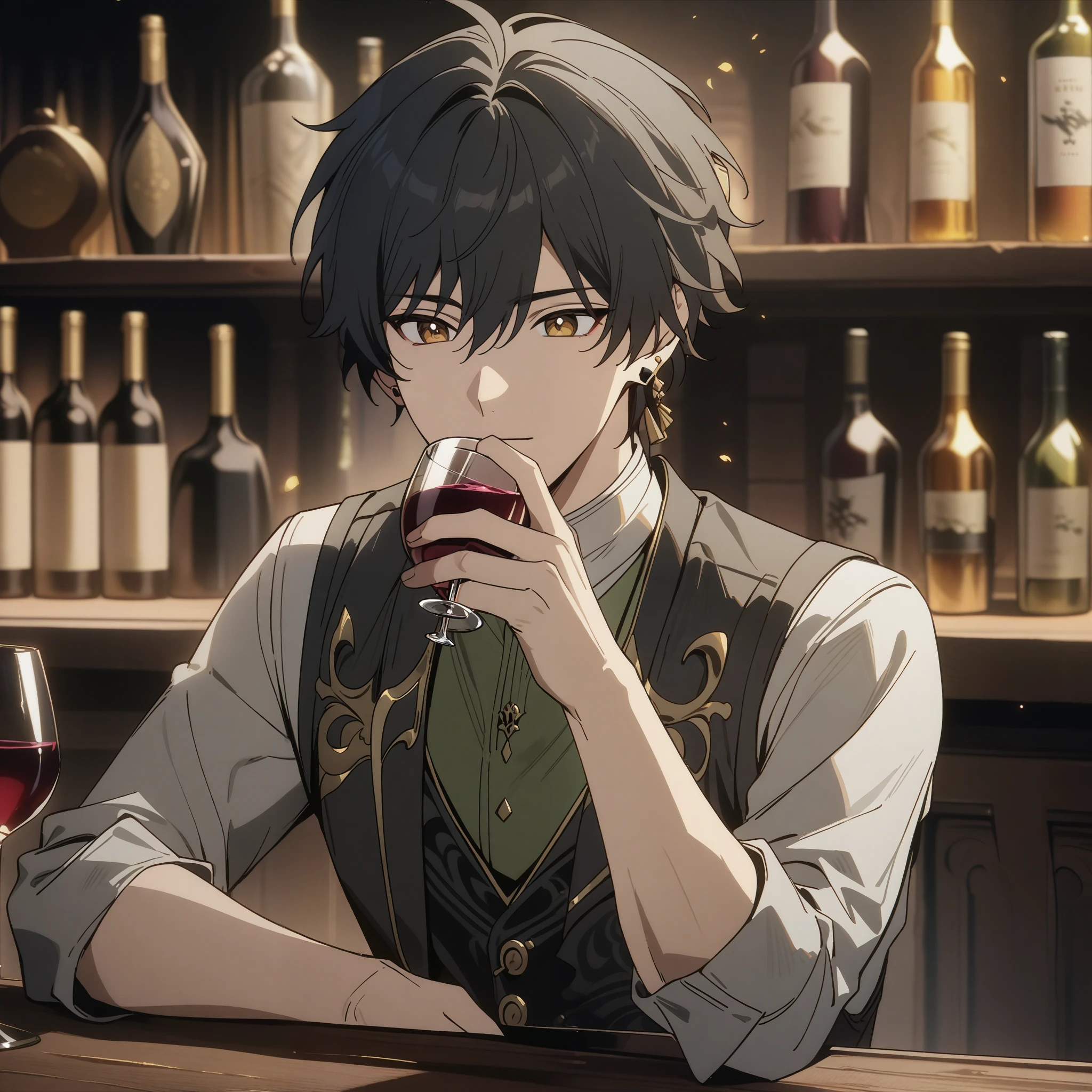 rover from wuthering waves, 1boy, drinking wine, black hair, souma shiki hair, gold eyes, handsome face, green waistcoat, waistcoat, folded sleeves, bar background, upper body, decorative, masterpiece, high quality, hd, 4k, upper body, genshin artstyle, black earings