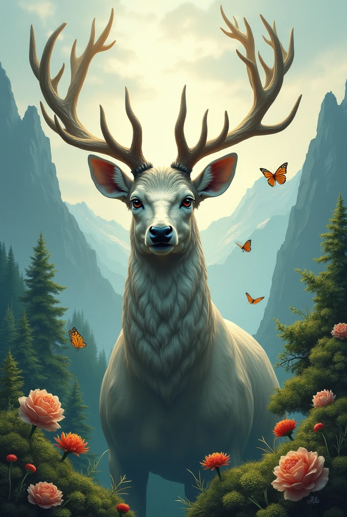 Create only deer head in Nature with Mountains trees and a little mystic touch ,butterflys chill touch,flowers,