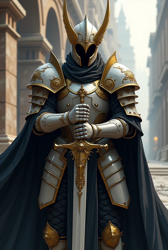 A deep helmet with gold moldings resembling antennae.helmet with exposed chin,anime character with sword standing in front of a building, fallen knight, from arknights, gothic knight, evil knight, the style of wlop, fantasy knight, knight, royal emperor, dark souls knight, off-white plated armor, wearing heavy armor with cape, black heavy armor with gold trim, smooth anime cg art, artorias, glowing sword