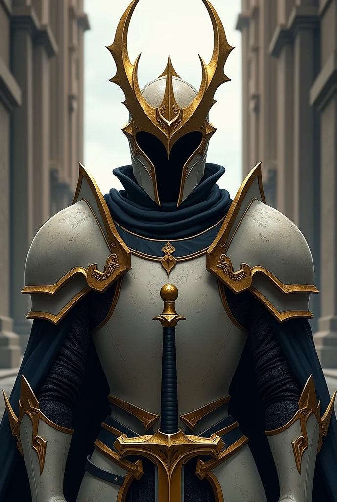 A deep helmet with gold moldings resembling antennae.helmet with exposed chin,anime character with sword standing in front of a building, fallen knight, from arknights, gothic knight, evil knight, the style of wlop, fantasy knight, knight, royal emperor, dark souls knight, off-white plated armor, wearing heavy armor with cape, black heavy armor with gold trim, smooth anime cg art, artorias, glowing sword