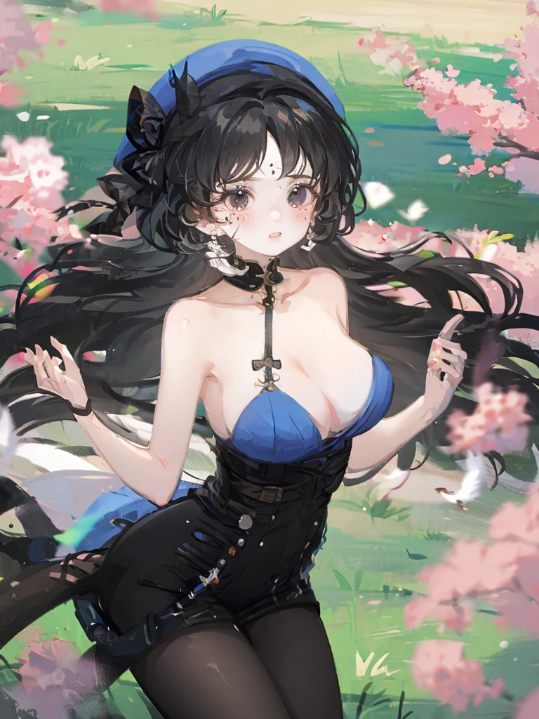 black hair, wavy hair, long hair, grey eyes, big chests, black gloves, middle bangs, pale skin, blue berret, cute face, large innocent eyes, grass field, cute standing pose