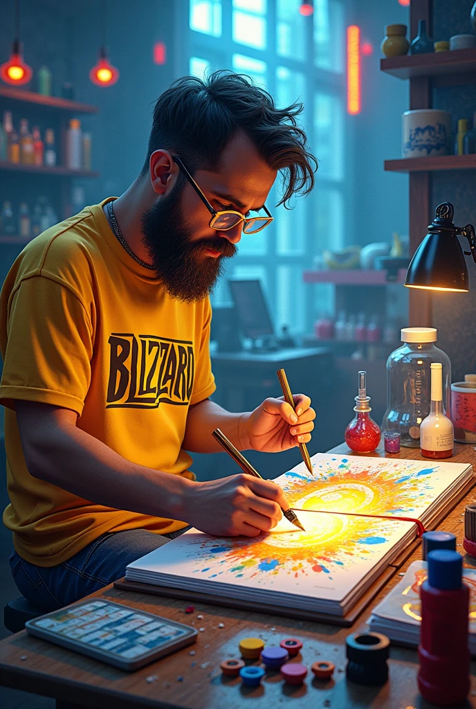 A mesmerizing, hyper-realistic 16K 3D illustration captures a magical moment of pure creativity. A talented artist is masterfully sketching a ((best quality)) , ((masterpiece)) , (detailed) , A mad scientist from World of Warcraft is playing with beakers and test tubes in his lab. He is wearing a yellow shirt that says "Blizzard" on it. In the style of Hearthstone card art. The background is a three-dimensional sketchbook setting with scattered throughout, adding depth and dimension to this captivating, graffiti-inspired scene. The illustration radiates energy, movement, and vibrant colors, making it a true work of art that celebrates creativity and imagination., gra, cinematic, vibrant, graffiti, painting, typography, product, illustration, photo, 3d render, fashion, dark fantasy