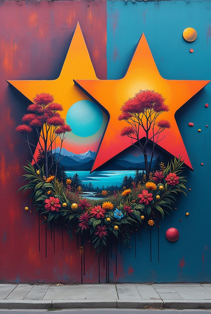 Suggest me a easy Graffiti design to paint a wall which has two star shape portion in middle but Between this two star has some landscape space