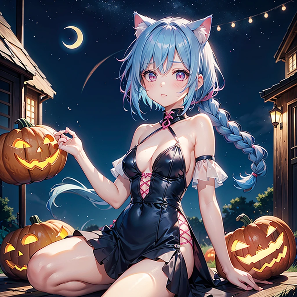 (Sky blue hair),(Braided short hair), (Pink Eyes),Fair skin) ,(whole body),(One Girl),(Crescent Moon),(There are lots of pumpkin ghosts in the background),Cat ear,Cat's Tail,(Sailor suit),(Ahegao),(Fall into Darkness),If you don't give me sweets, I'll play a prank on you.),Halloween Night Party),(masterpiece, Highest quality, Very detailed, Best Shadow), (Detailed Background), (Beautifully detailed face), High Contrast, (Best lighting, Very delicate and beautiful), ((Cinematic Light)), Hyper Detail,8k, Dramatic Light, Intricate details,night,(Bats flying in the background),Pumpkin handbag,There are sweets in the bag,