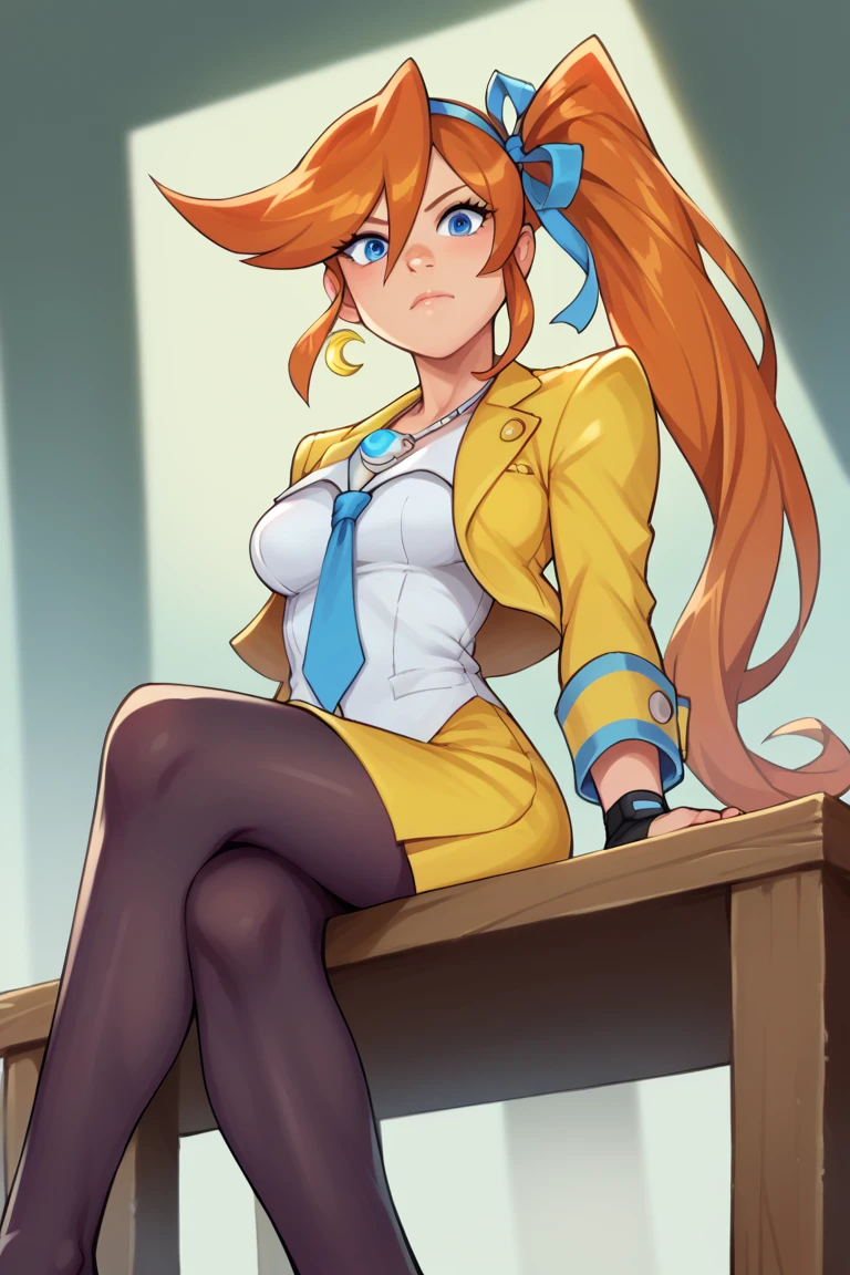 1girl, solo, breasts, athena cykes, side ponytail, hair ribbon, yellow jacket, blue necktie, single glove, yellow skirt, fishnet black pantyhose, jewelry, necklace, crescent earrings, from below, sitting, table, courtroom, looking at viewer, on table, smilling, 