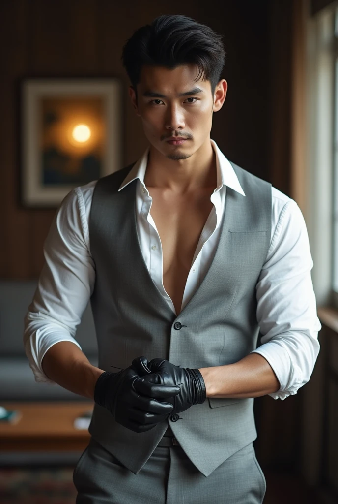 Chinese mam handsome 30 years old,daddy,"shiny grey suit ", wear white shirt, very shiny grey pants, very shiny grey waistcoat, Dad was drunk and lie down on the bed,k hd,in the office,"big muscle", gay ,black hair,asia face,masculine,strong man,the boss is,handsome,,leather gloves,lecherous dad,look straight ahead,dad is handsome,dad is handsome ,dad is "horny dad", open shirt, showing off his body,