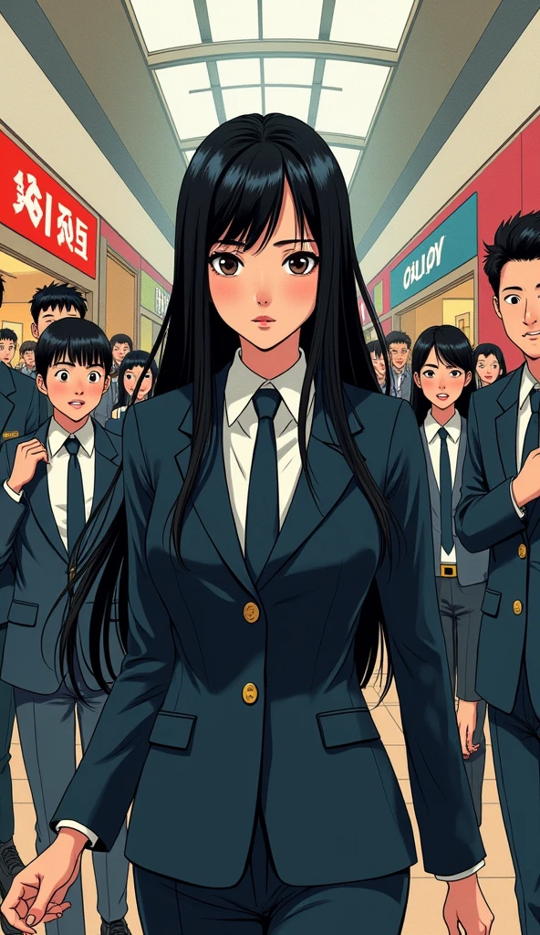 ((A woman with long hair)),In the mall,Shopping,Black straight hair,Ladies suits,((Cold expression)),Japanese comic style,((The surprised expressions of the people around and the shop staff))