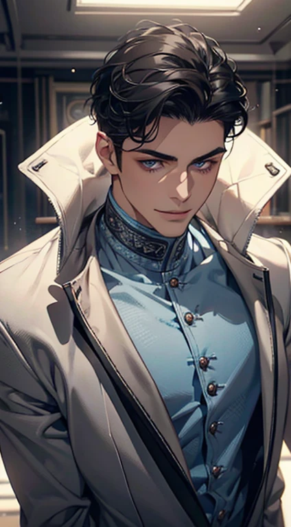 a mature man with short grey Black hair, blue eyes, 31 years, and a perfect face, smiling in love, CEO, cinematic lighting, 1:4 HDR image, top view, ultra detailed, best quality, masterpiece, 8K, photorealistic, beautiful image