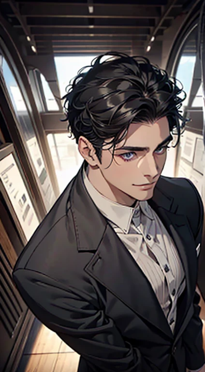 a mature man with short grey Black hair, blue eyes, 31 years, and a perfect face, smiling in love, CEO, cinematic lighting, 1:4 HDR image, top view, ultra detailed, best quality, masterpiece, 8K, photorealistic, beautiful image