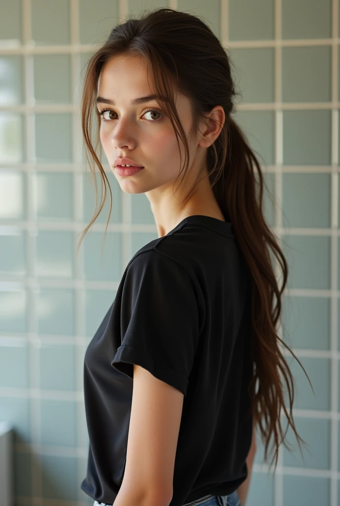 18 year old American girl wearing plain black tight tshirt and jeans hairstyle pony in bathroom