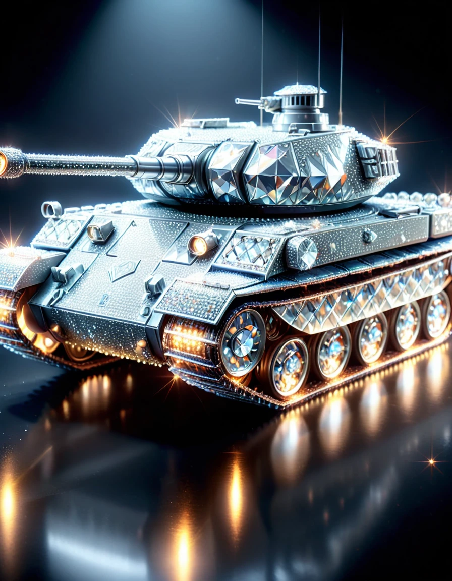 creating Armored Tank with countless diamonds, diamondWM, best quality, (masterpiece:1.2), high quality, highres, (hyper detailed), luminous particles, complex details,