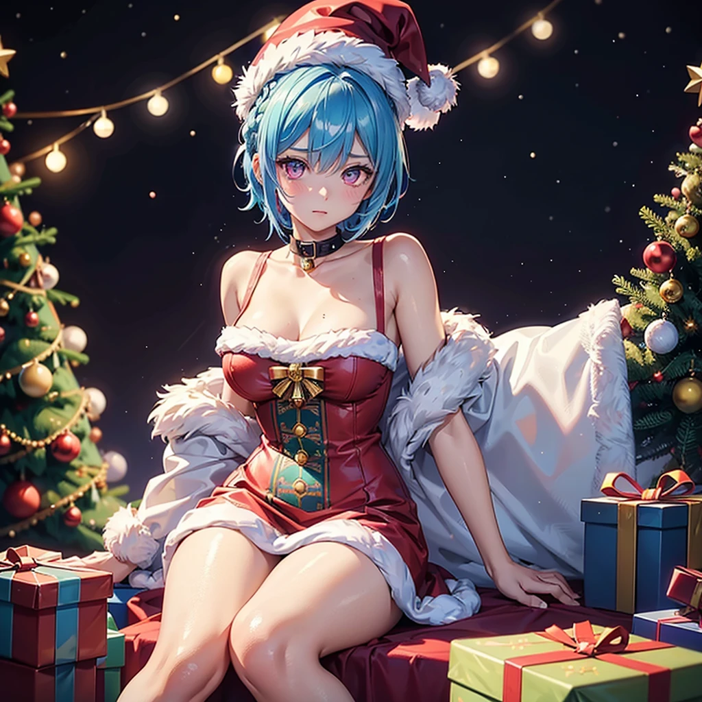 (Sky blue hair),(Braided short hair), (Pink Eyes),Fair skin) ,(whole body),(One Girl),(Gift boxes filling the background),(Santa Claus clothes),(Ahegao),Santa Claus hat,(Christmas Party),(masterpiece, Highest quality, Very detailed, Best Shadow), (Detailed Background), (Beautifully detailed face), High Contrast, (Best lighting, Very delicate and beautiful), ((Cinematic Light)), Hyper Detail,8k, Dramatic Light, Intricate details,night,Christmas tree