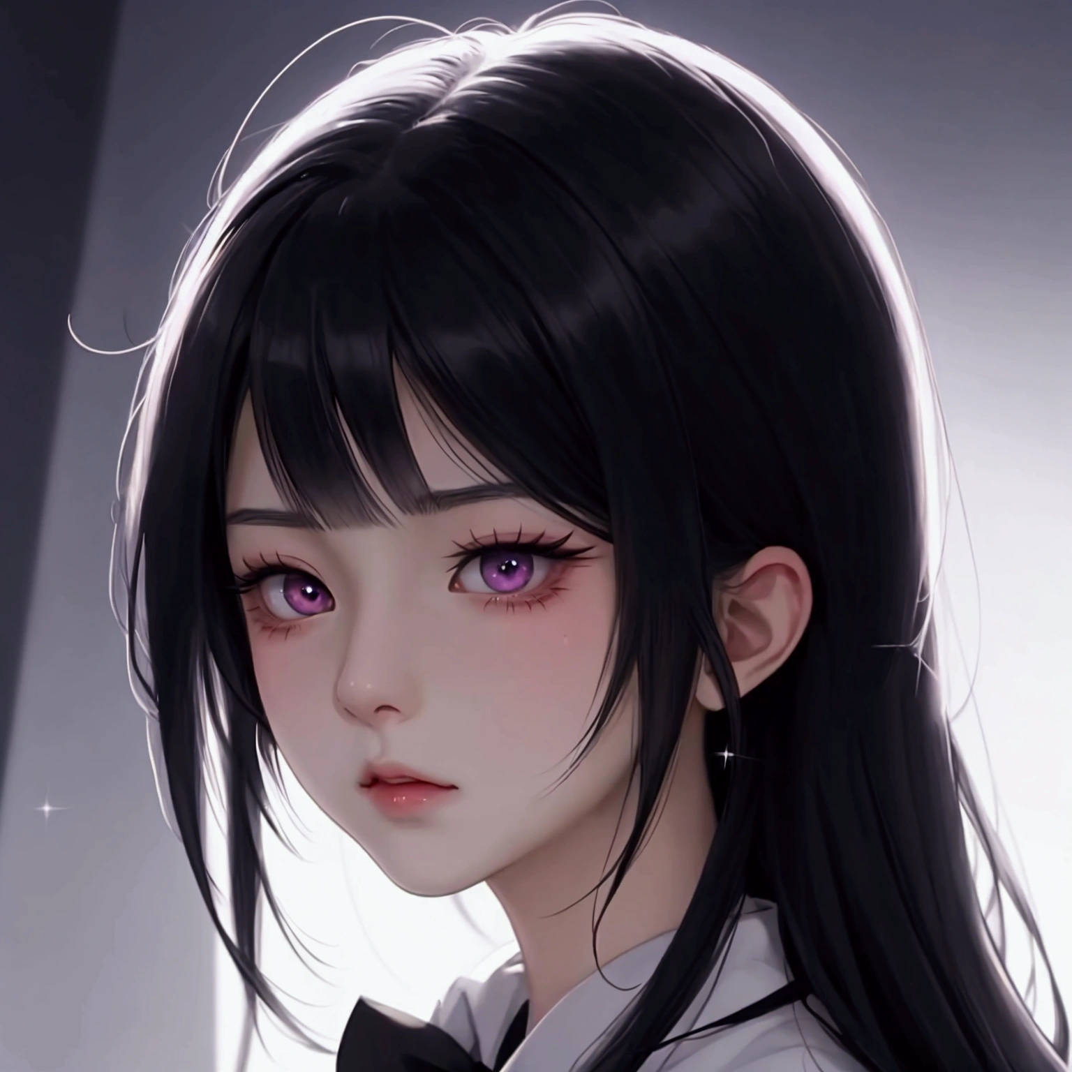 anime girl with black hair and black tie staring at camera, an anime drawing by Jin Homura, tumblr, vanitas, with huge luminous sad eyes, black anime pupils in her eyes, extremely cute anime girl face, cute anime face, perfect anime face, pretty anime face, & her expression is solemn, anime face, gapmoe yandere, noire, annoyed face, anime, blending, backlighting, depth of field, drop shadow, high details, high quality, best quality, highres, 4K, masterpiece, accurate