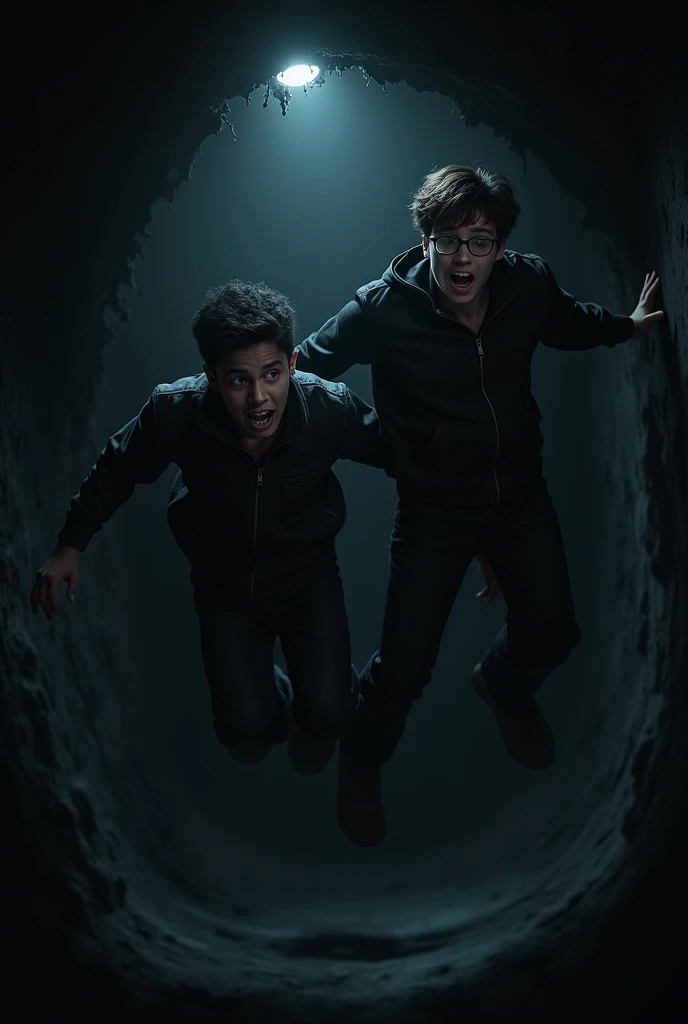 two age boys falling into a black thing one boy with glass and other with black jacket