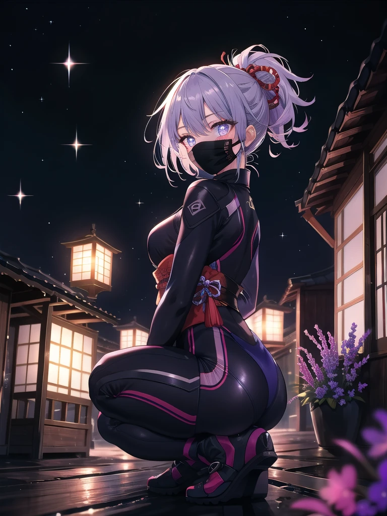 ((8k, Highest quality, masterpiece: 1.3)),Ultra-high resolution,(1 girl, alone), (Color changing eyes, Ultra-detailed, Expressive brilliance, Glitter, Glowing Eyes), Highly detailed eyes, Highly detailed face, Random Hair, ((pastel colour)),A mysterious young woman with pastel lavender hair styled into a high ponytail, dressed as a stealthy ninja. She wears a black, skin-tight suit with silver accents, a face mask covering her mouth, and a katana strapped to her back. The camera captures her from a side angle as she crouches on a rooftop at night, the moonlight casting shadows on her figure. Her eyes are sharp and focused as she surveys the area below, ready to strike at any moment. The background features a traditional Japanese village, with lanterns softly glowing and the silhouette of distant mountains under the night sky.