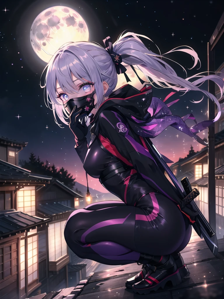 ((8k, Highest quality, masterpiece: 1.3)),Ultra-high resolution,(1 girl, alone), (Color changing eyes, Ultra-detailed, Expressive brilliance, Glitter, Glowing Eyes), Highly detailed eyes, Highly detailed face, Random Hair, ((pastel colour)),A mysterious young woman with pastel lavender hair styled into a high ponytail, dressed as a stealthy ninja. She wears a black, skin-tight suit with silver accents, a face mask covering her mouth, and a katana strapped to her back. The camera captures her from a side angle as she crouches on a rooftop at night, the moonlight casting shadows on her figure. Her eyes are sharp and focused as she surveys the area below, ready to strike at any moment. The background features a traditional Japanese village, with lanterns softly glowing and the silhouette of distant mountains under the night sky.