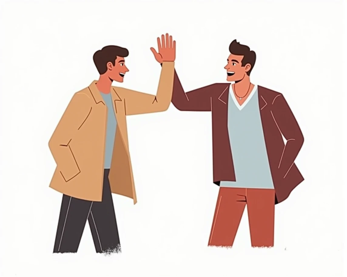 Happy people giving high five, celebrating achievement and success. Successful colleagues gesturing hi. Concept of partnership. Colored flat vector illustration isolated on white background