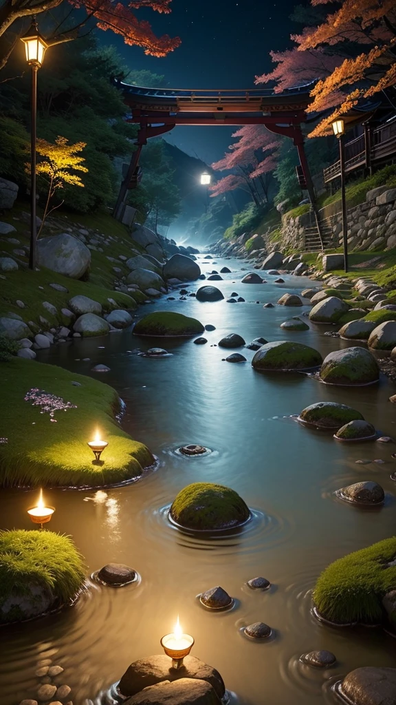 break, calm, recuperation, Heles, Scenery of Korea, night scene, A small stream flowing on the edge, candles, Scales floating in the air