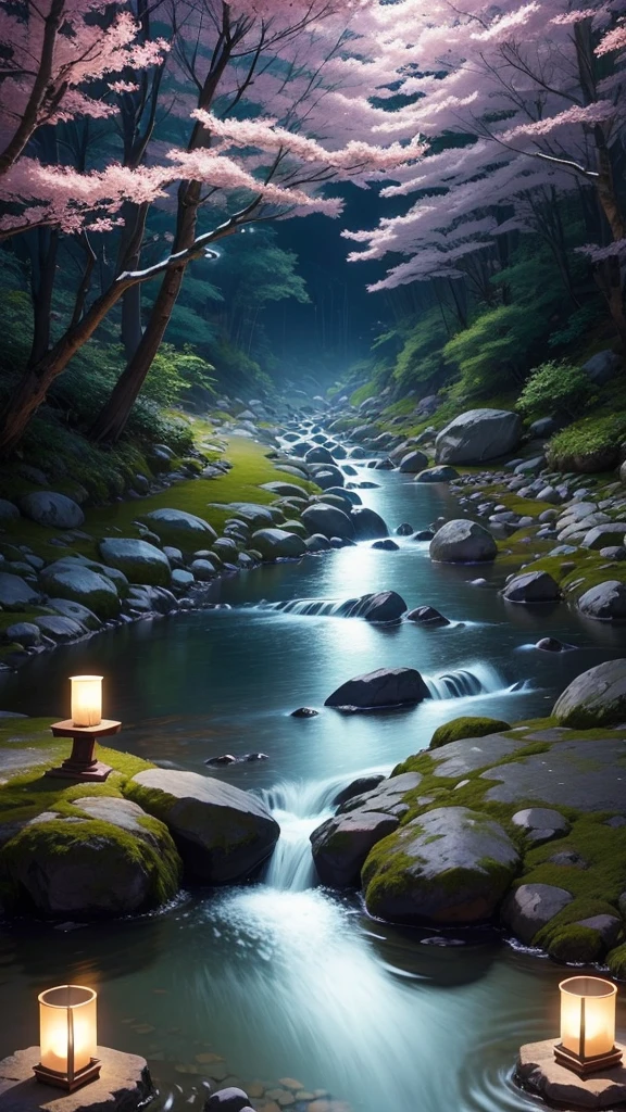 break, calm, recuperation, Heles, Scenery of Korea, night scene, A small stream flowing on the edge, candles, Scales floating in the air
