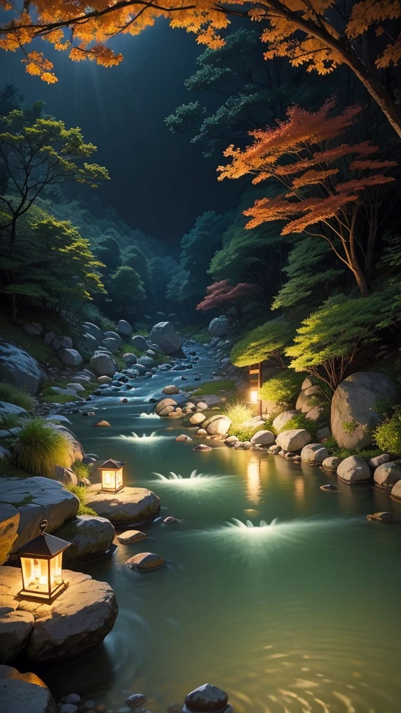 break, calm, recuperation, Heles, Scenery of Korea, night scene, A small stream flowing on the edge, candles, Scales floating in the air