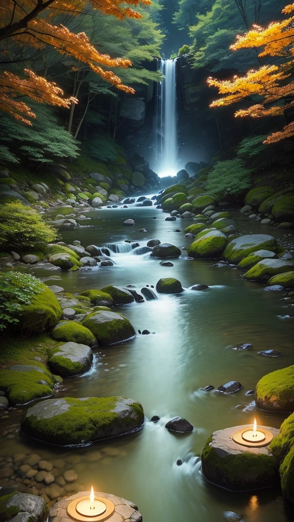 break, calm, recuperation, Heles, Scenery of Korea, night scene, A small stream flowing on the edge, candles, Scales floating in the air