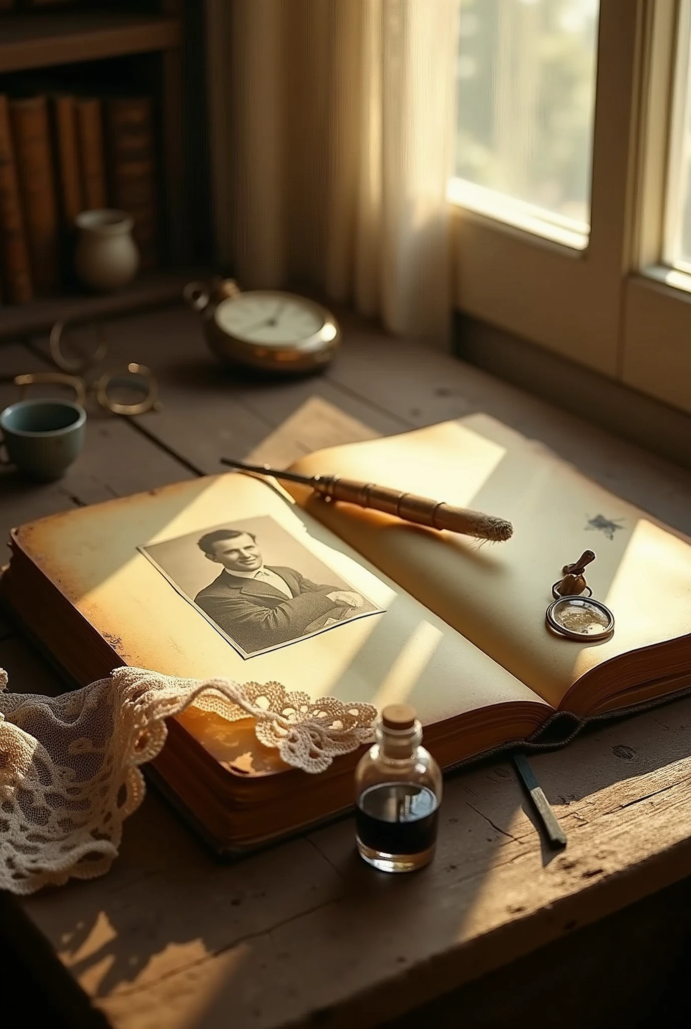 Design a vintage-themed scene featuring an old, weathered journal or diary placed on a rustic wooden table. The journal is slightly open, revealing yellowed pages, with a faded black-and-white or sepia-toned photograph partially visible, hinting at a significant person or location from the past. A vintage quill pen rests beside the journal, accompanied by a small ink bottle, while a delicate lace handkerchief drapes partially over the journal, adding a touch of romance. Soft, golden sunlight streams through a nearby window, casting a warm glow on the scene. In the background, include subtle elements like an antique pocket watch or a pair of old glasses to reinforce the vintage theme. Use a warm, muted color palette with sepia, browns, and golds to create a nostalgic and timeless atmosphere
