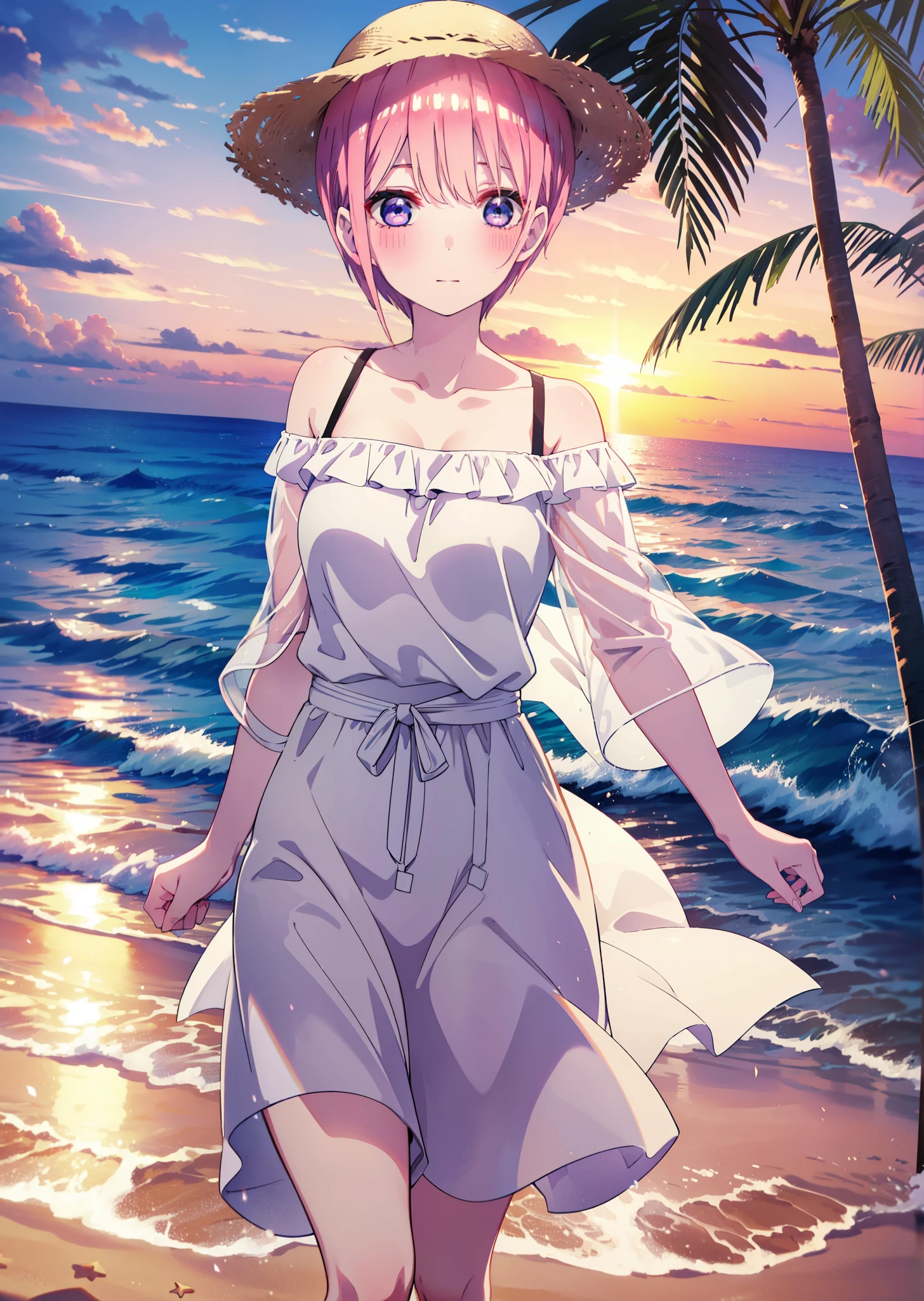 ichikanakano, Nakano Ichika, short hair, bangs, blue eyes, Hair between the eyes, Pink Hair, smile,blush,Open your mouth,Straw hat,White off-shoulder dress,Short sleeve,Long skirt,barefoot,Walking,sunset,evening,The sun is setting,Strolling on the sandy beach,
break outdoors, Beach,
break looking at viewer, whole body,
break (masterpiece:1.2), Highest quality, High resolution, unity 8k wallpaper, (figure:0.8), (Beautiful attention to detail:1.6), Highly detailed face, Perfect lighting, Highly detailed CG, (Perfect hands, Perfect Anatomy),