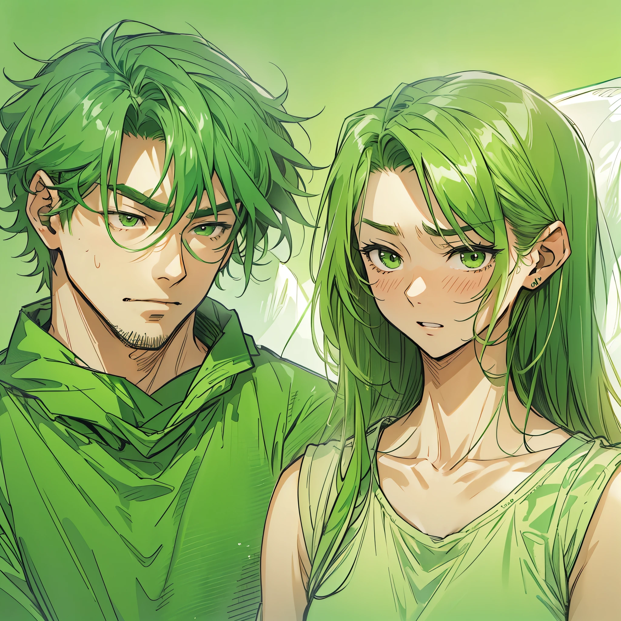 Inspired by the proponent of MBTI、A man and woman in green clothes who are embarrassed and angry。In a gentle atmosphere。