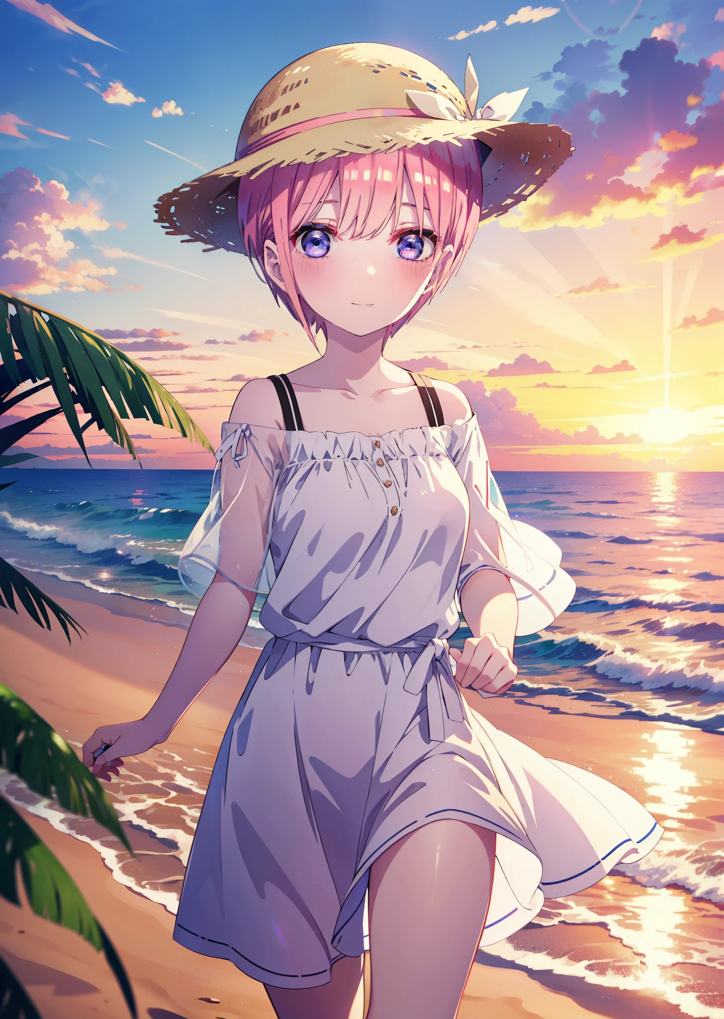ichikanakano, Nakano Ichika, short hair, bangs, blue eyes, Hair between the eyes, Pink Hair, smile,blush,Open your mouth,Straw hat,White off-shoulder dress,Short sleeve,Long skirt,barefoot,Walking,sunset,evening,The sun is setting,Strolling on the sandy beach,
break outdoors, Beach,
break looking at viewer, whole body,
break (masterpiece:1.2), Highest quality, High resolution, unity 8k wallpaper, (figure:0.8), (Beautiful attention to detail:1.6), Highly detailed face, Perfect lighting, Highly detailed CG, (Perfect hands, Perfect Anatomy),