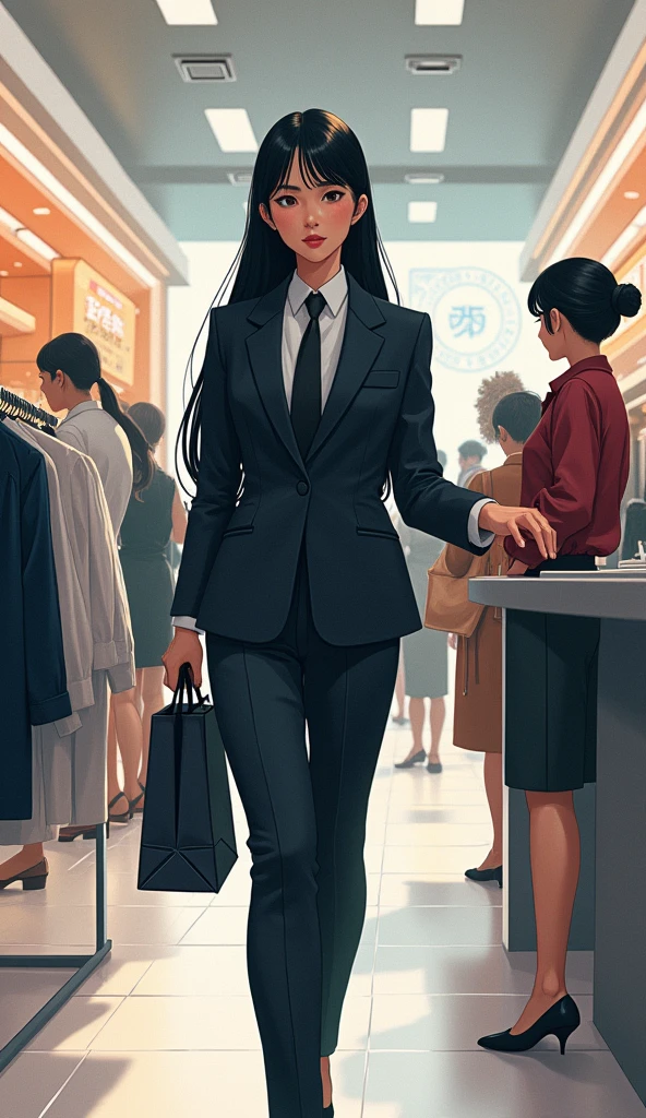 ((A woman with long hair))，In the mall，Shopping，Black straight hair，Ladies suits，((Cold expression))，Japanese comic style，Hand the bag to the female clerk at the counter