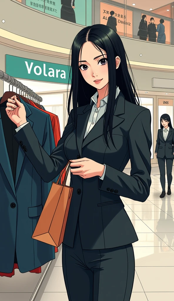 ((A woman with long hair)),In the mall,Shopping,Black straight hair,Ladies suits,((Cold expression)),Japanese comic style,Hand the bag to the female clerk at the counter