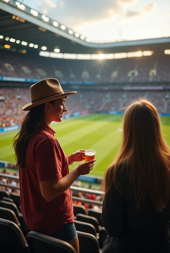 The beer vendor in the stadium
Selling beer to customers in the stands
The girl wearing a hat