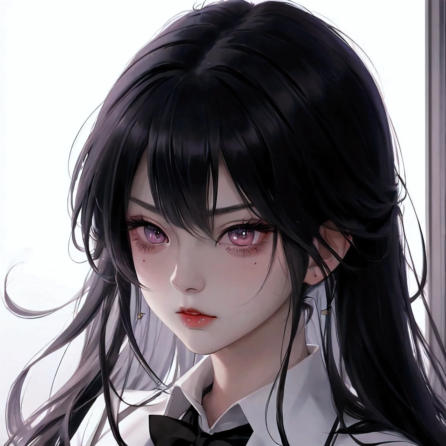 anime girl with black hair and black tie staring at camera, an anime drawing by Jin Homura, tumblr, vanitas, with huge luminous sad eyes, black anime pupils in her eyes, extremely cute anime girl face, cute anime face, perfect anime face, pretty anime face, & her expression is solemn, anime face, gapmoe yandere, noire, angry, anime, blending, backlighting, depth of field, drop shadow, high details, high quality, best quality, highres, 4K, masterpiece, accurate