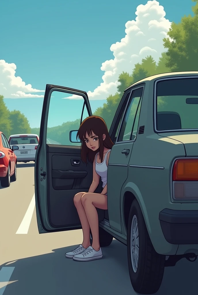 (A girl couldn’t hold it any longer and is currently peeing (urgently) at side of the freeway) ( sitting on car with the open car door to hide herself. (She made her parents pull over the car in from of traffic for pit stop)