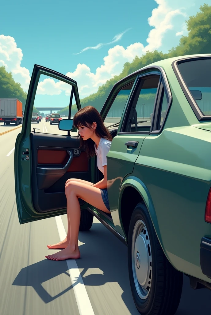 (A girl couldn’t hold it any longer and is currently peeing (urgently) at side of the freeway) ( sitting on car with the open car door to hide herself. (She made her parents pull over the car in from of traffic for pit stop)