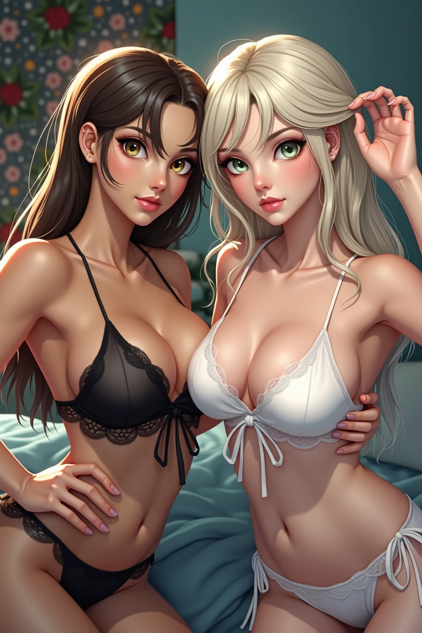 a beautiful illustrated girl, 2 girls in silk pajamas, extremely detailed erotic intimate scene, soft sensual lighting, highly detailed, photorealistic, 8k, best quality, masterpiece, intricate details, realistic skin textures, natural lighting, intimate embrace, passionate, erotic, romantic, emotional, tender, elegant, graceful