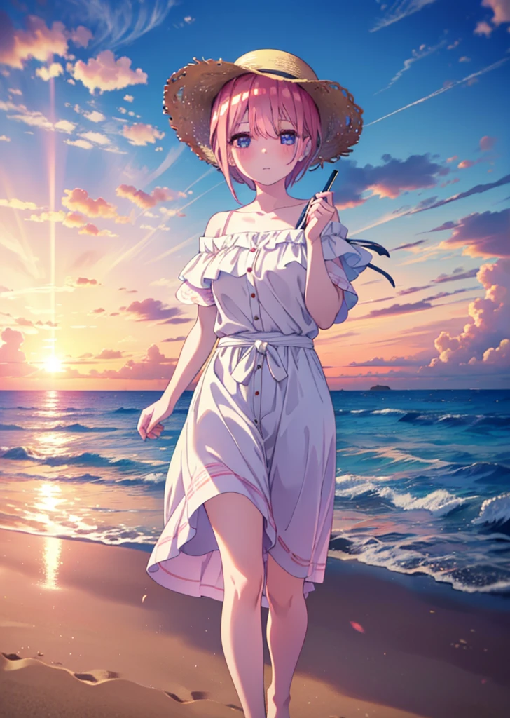 ichikanakano, Nakano Ichika, short hair, bangs, blue eyes, Hair between the eyes, Pink Hair, smile,blush,Open your mouth,Straw hat,White off-shoulder dress,Short sleeve,Long skirt,barefoot,Walking,sunset,evening,The sun is setting,Strolling on the sandy beach,
break outdoors, Beach,
break looking at viewer, whole body,
break (masterpiece:1.2), Highest quality, High resolution, unity 8k wallpaper, (figure:0.8), (Beautiful attention to detail:1.6), Highly detailed face, Perfect lighting, Highly detailed CG, (Perfect hands, Perfect Anatomy),