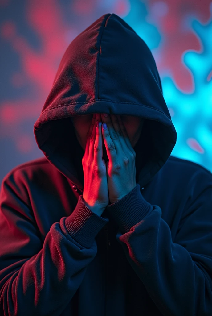 Nightmare、Hallucination、school,The hooded person covers their eyes , The space is distorted、colorful、dreamlike、The colors are so vibrant、The person's shadow is distorted ,Cover your mouth with your hand