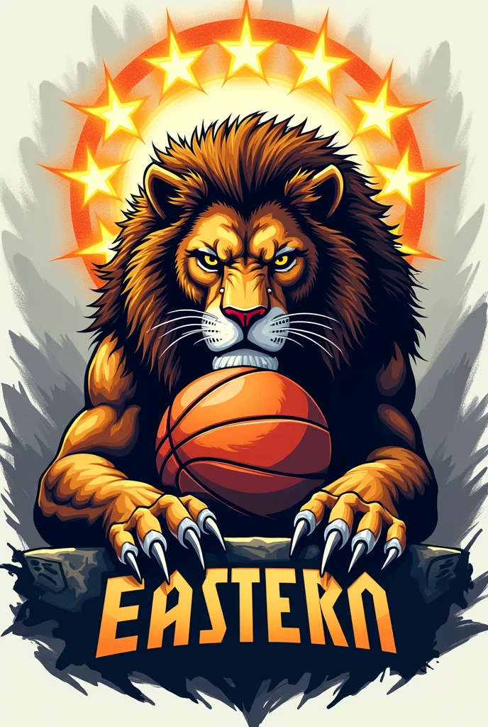 A fearless lion with half it's face is a basketball resting it's claws on the team name Eastern Pride with eight yellow stars halo over its head.
