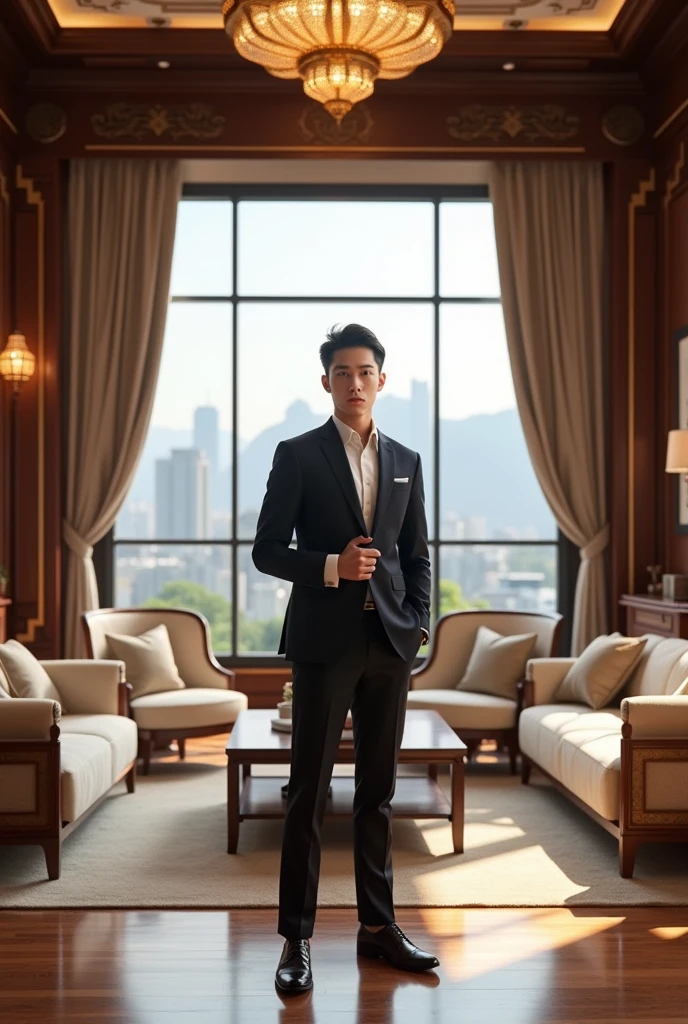 A handsome korean boy standing in a luxurious house.